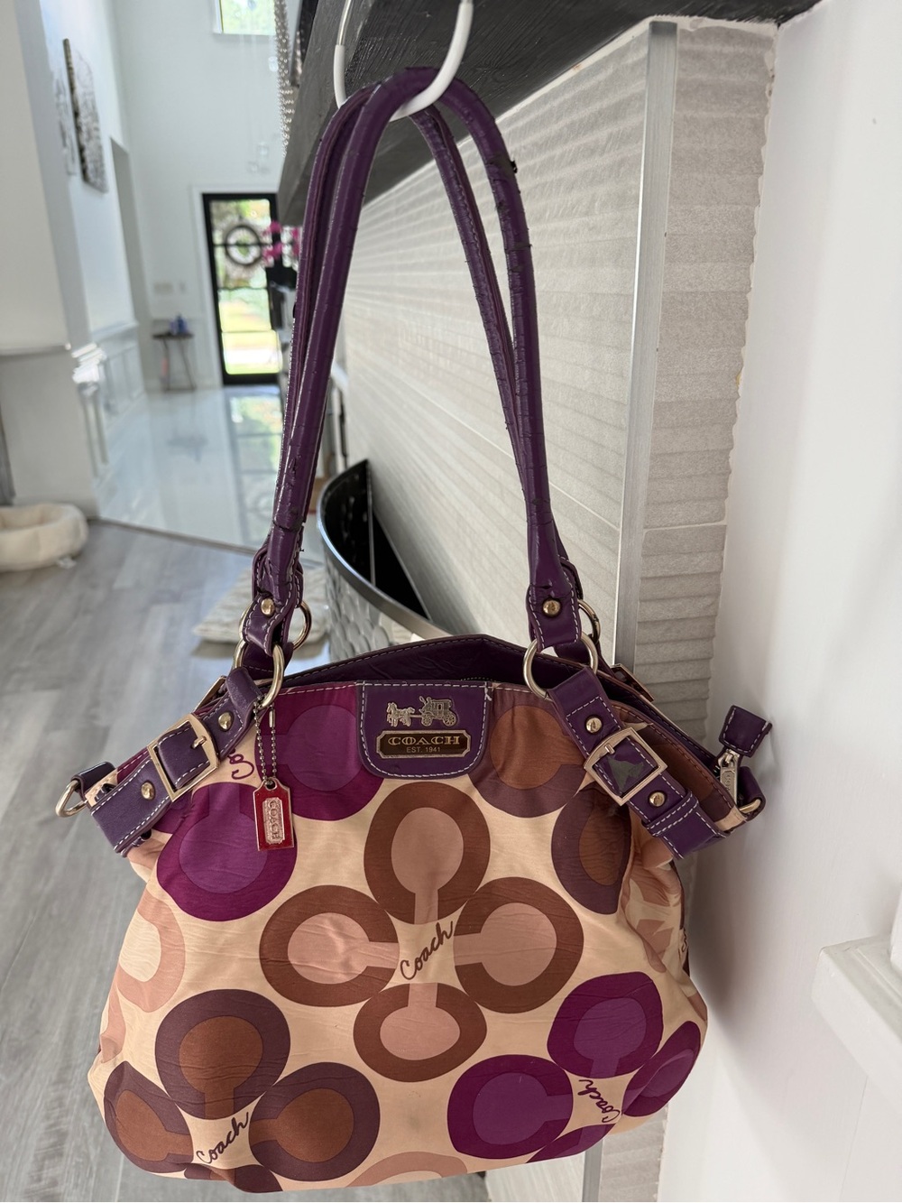 Coach Purple and Brown Signature Pattern Shoulder Bag
